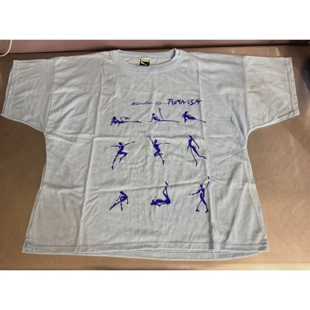 Vintage 80s Puma USA Aerobics Graphic T-Shirt Ladies L Light Blue Made in USA